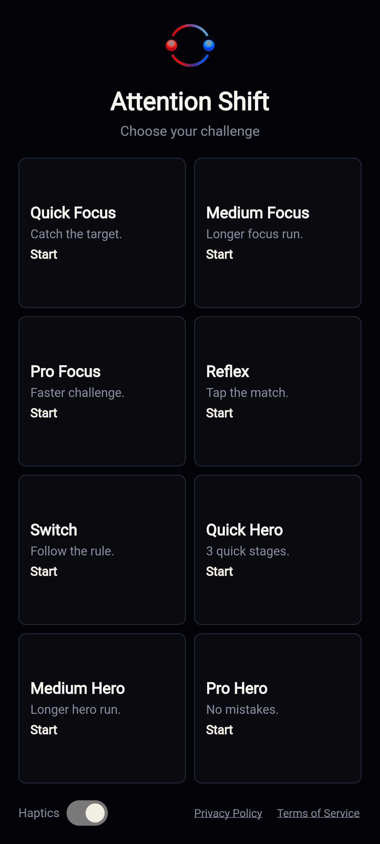 Attention Shift app screen showing the focus game interface