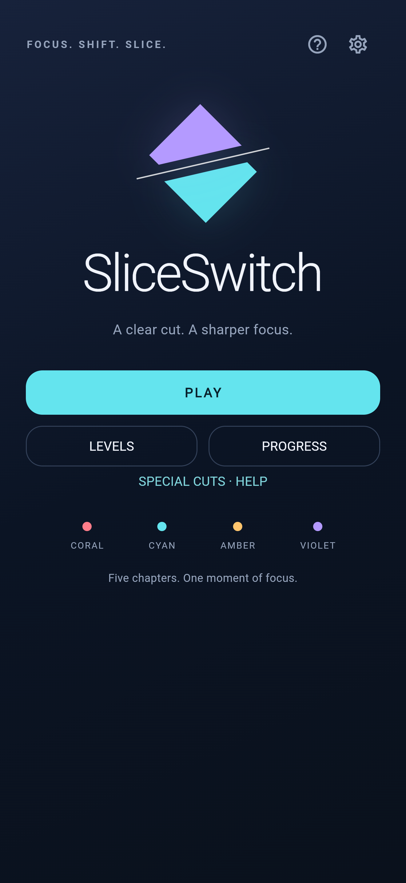 SliceSwitch home screen with Play, Levels and Progress controls